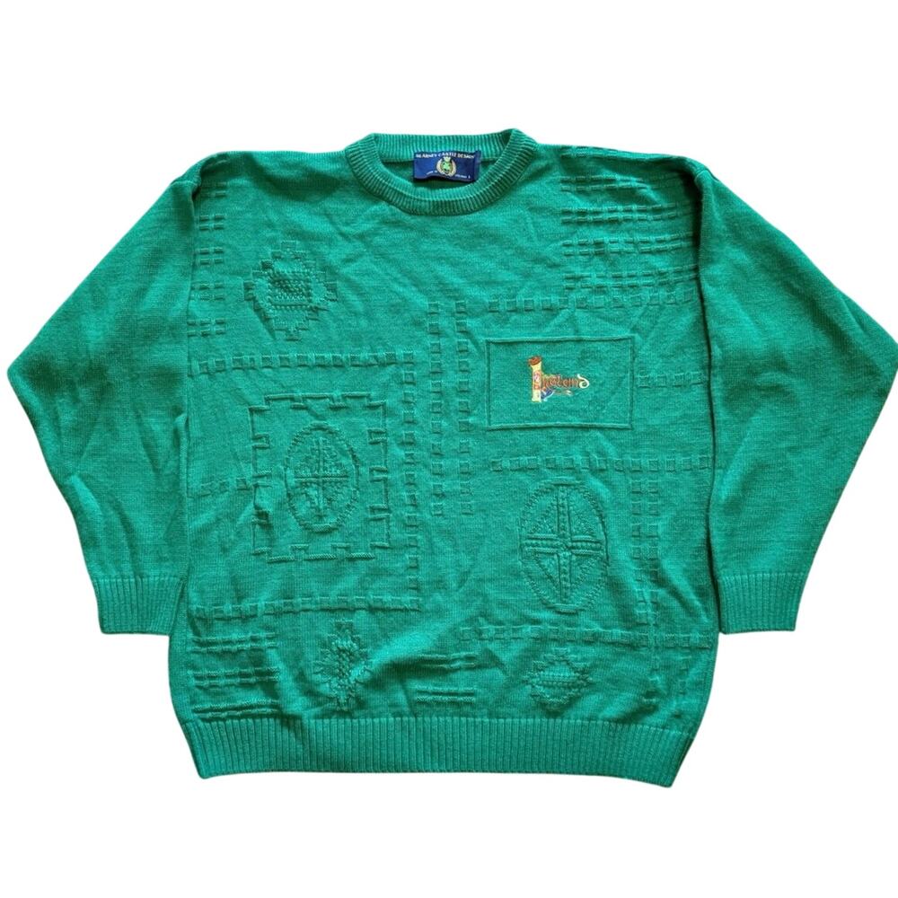 Vtg Blarney Castle Designs Ireland Sweater Large Green 3D Knit Made in Ireland L